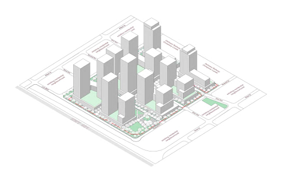 Black and White CAD rendering of buildings slated for development in Central Oshawa.