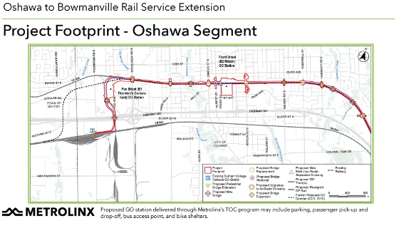 Map showing the project footprint for the Oshawa Segment of the Lakeshore East Go Train extension.